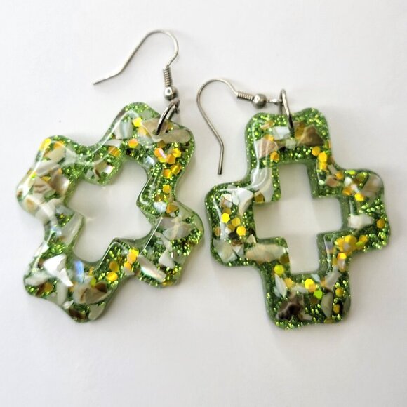 Sparkly Green Earrings Geometric Shape Earrings or Cross Shape Earrings - Picture 1 of 7